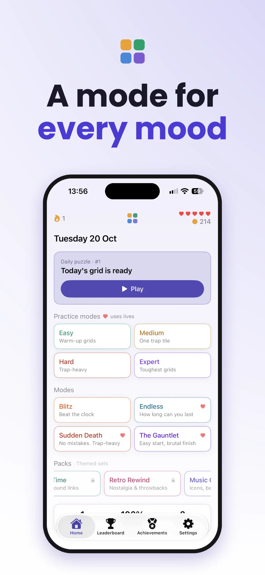 Groupings home screen showing the daily puzzle